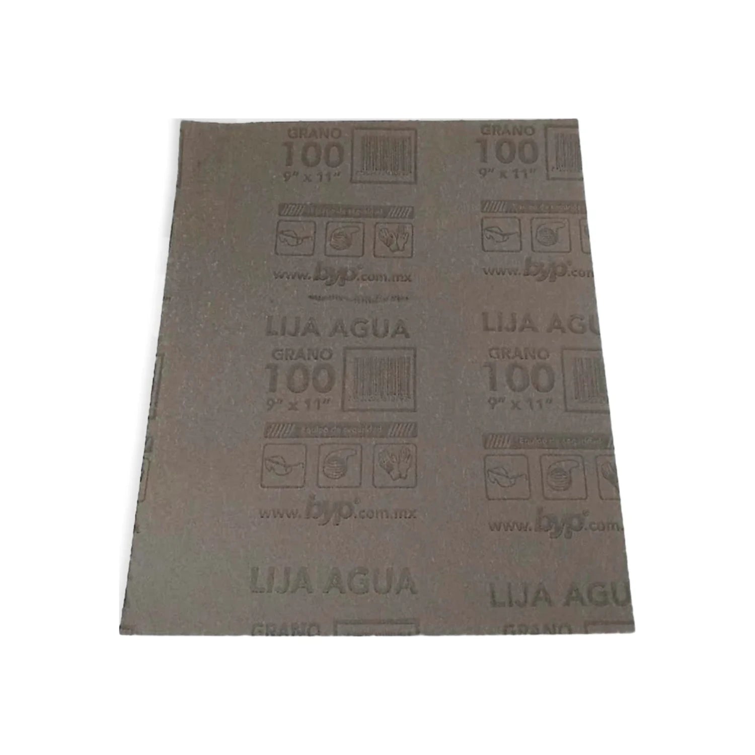 Lija de agua BYP grano 100, pliego gris 9x11 pulgadas, para lijar y pulir superficies.