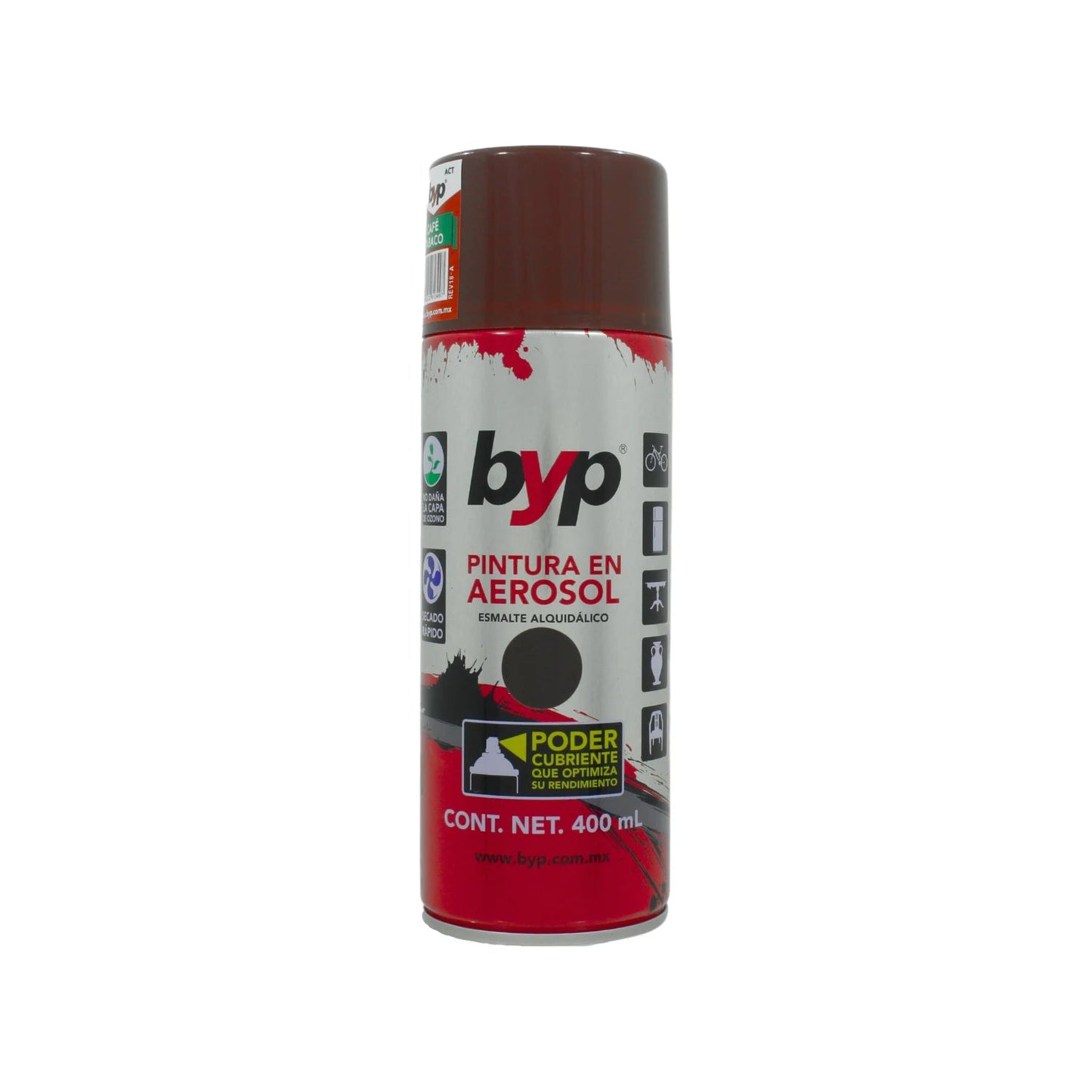 Pintura en aerosol BYP esmalte alquidálico café tabaco 400 ml, secado rápido y alto cubrimiento.