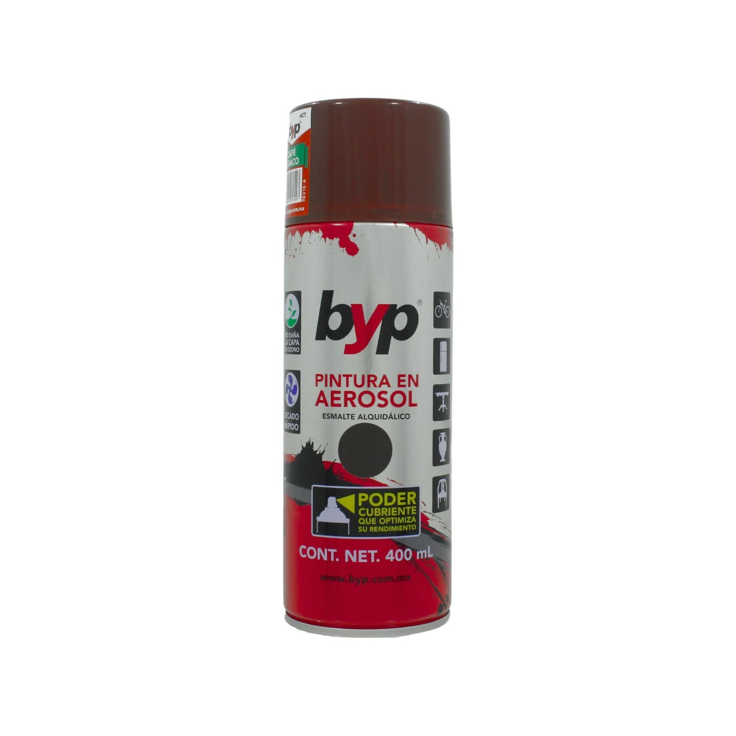 Pintura en aerosol BYP esmalte alquidálico café tabaco 400 ml, secado rápido y alto cubrimiento.