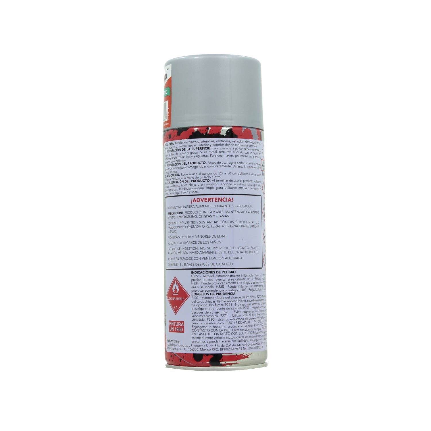 Pintura en aerosol color aluminio 400ml acabado metálico para protección y decoración de superficies.