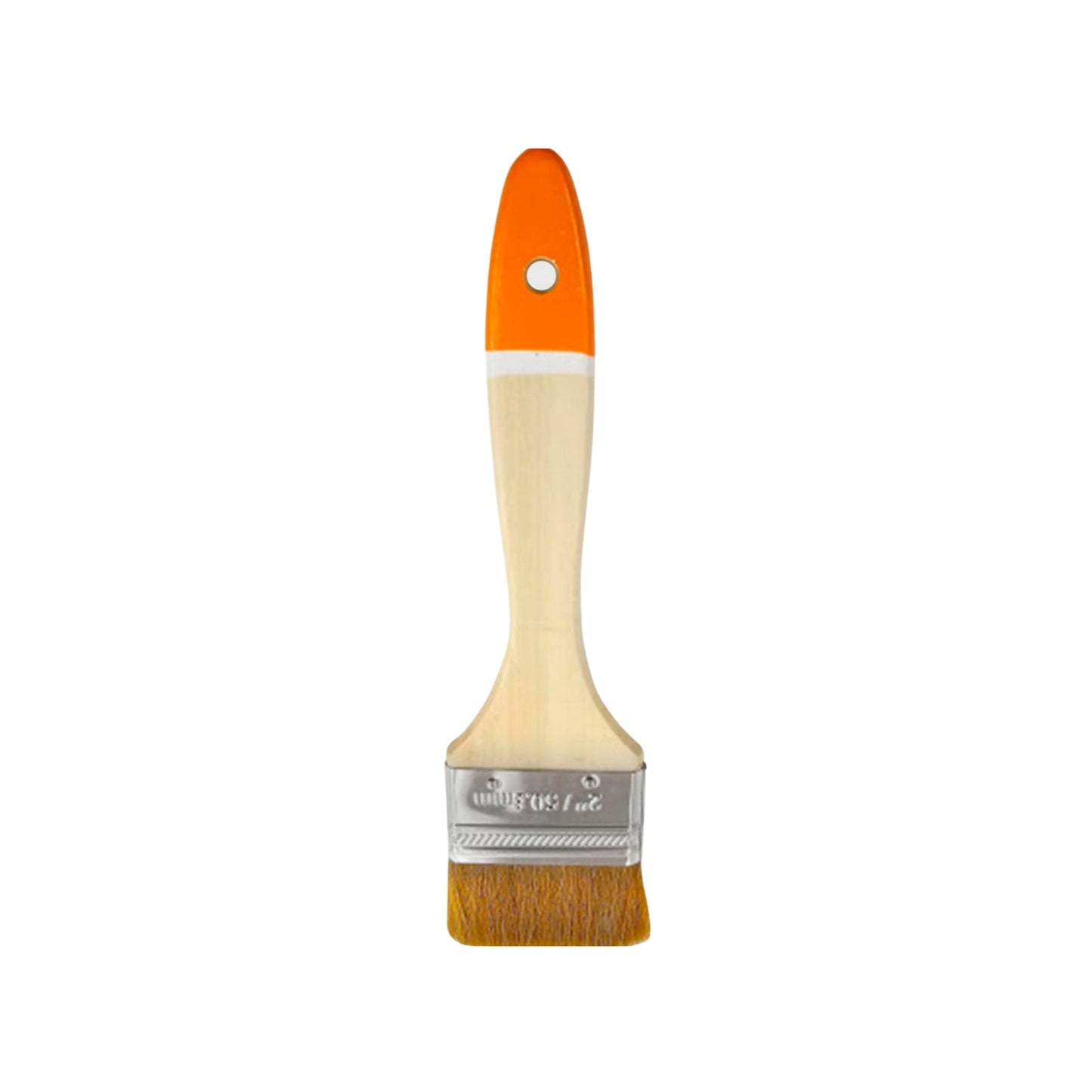 Brocha de 2" (50mm) con mango de madera, parte superior naranja, y cerdas color camel para pintura general.