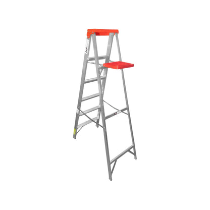 Escalera de tijera Byp plegable de aluminio, 5 peldaños y plataforma de trabajo roja