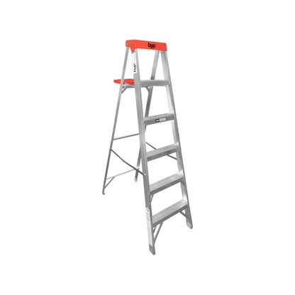 Escalera de tijera BYP aluminio 5 peldaños, plataforma superior roja. Herramienta segura para hogar y obra.