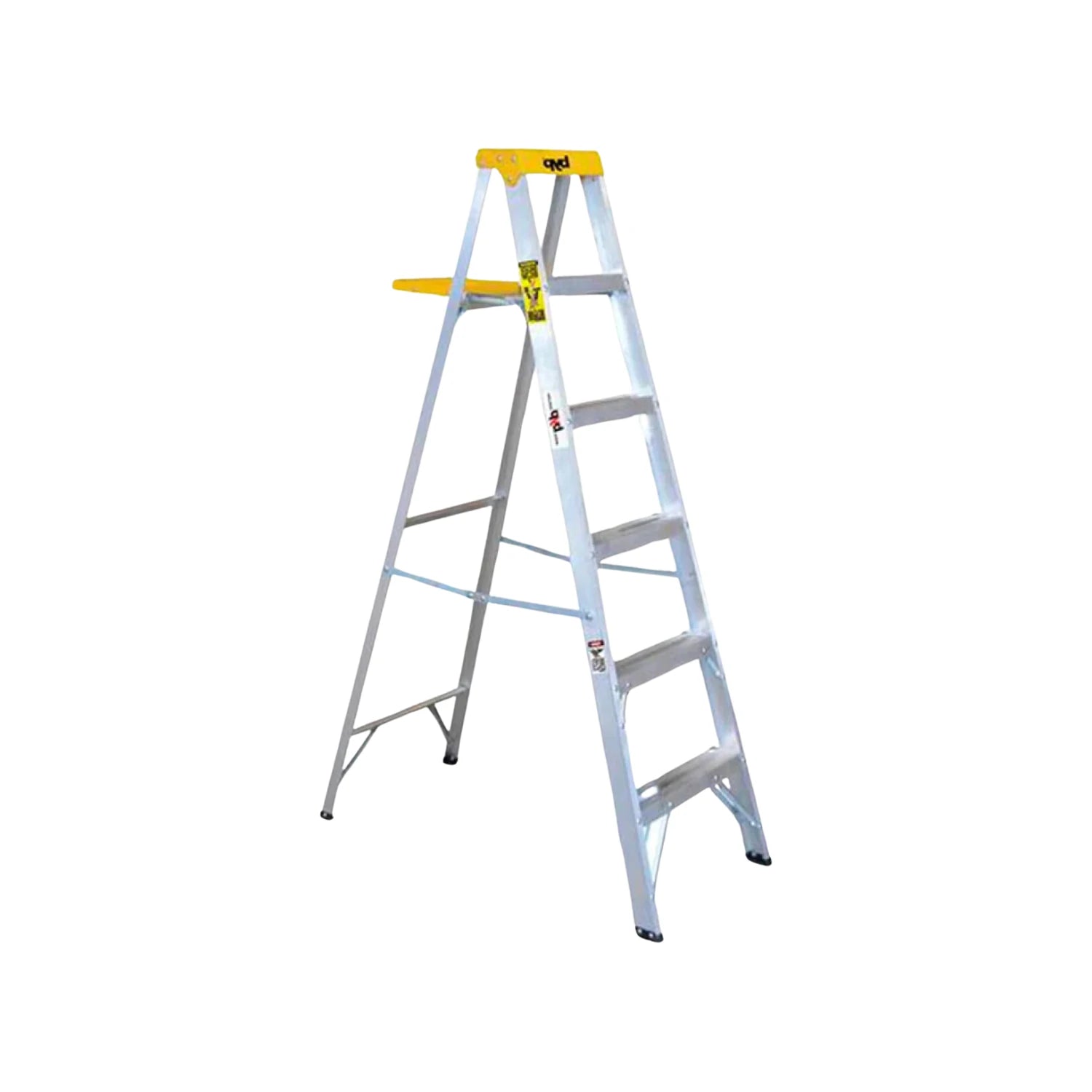 Escalera de tijera de aluminio Quel con 5 peldaños y bandeja superior amarilla, ideal para trabajos en altura.