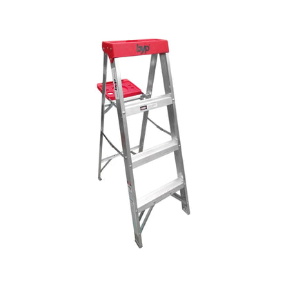 Escalera tijera Byp de aluminio roja con 3 peldaños, plataforma y charola para herramientas