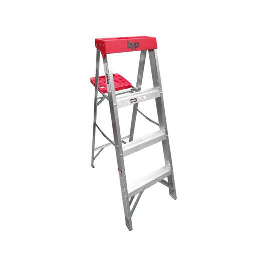 Escalera tijera Byp de aluminio roja con 3 peldaños, plataforma y charola para herramientas