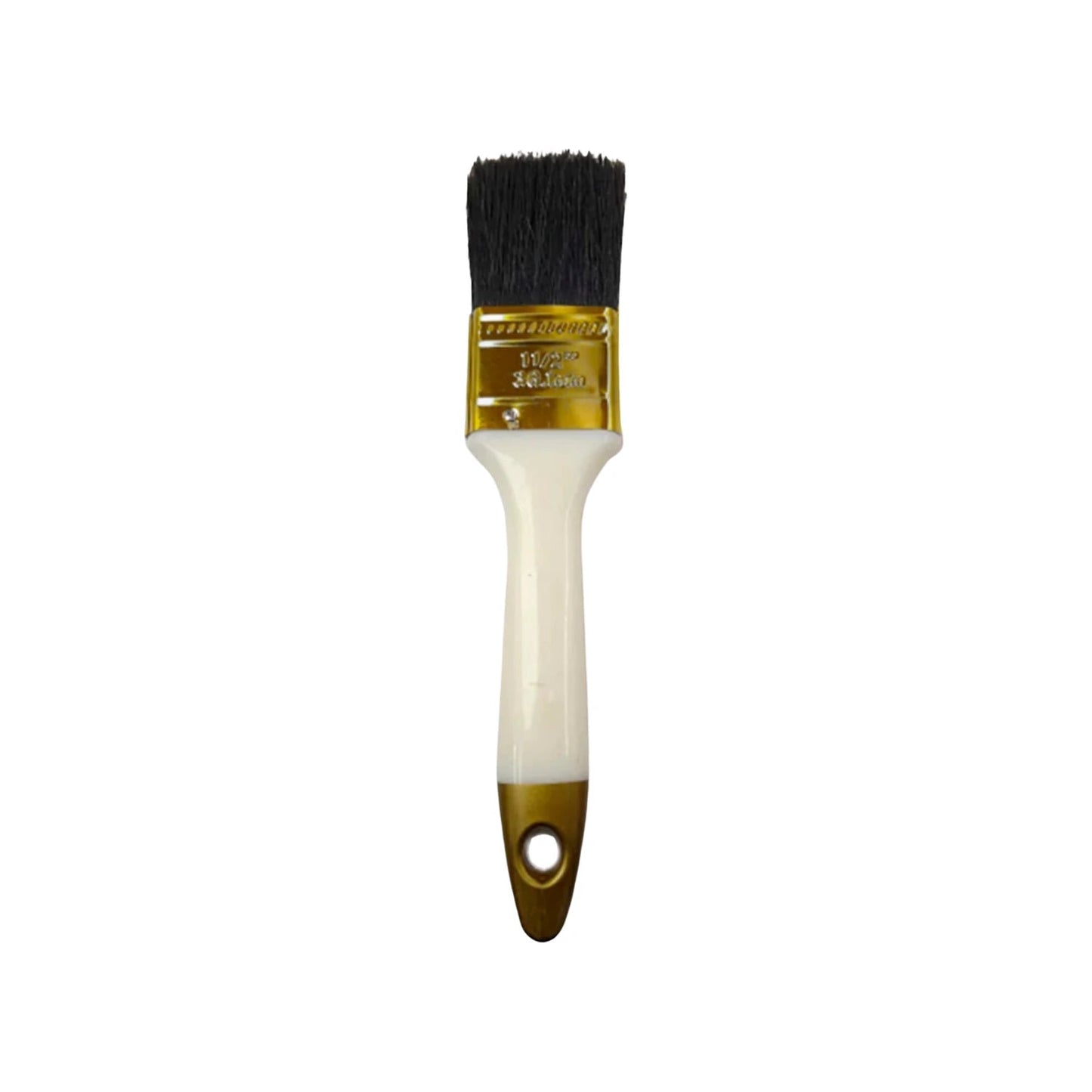 Brocha para pintura de 1 1/2 pulgadas (38mm) con cerdas negras, mango blanco y férula dorada