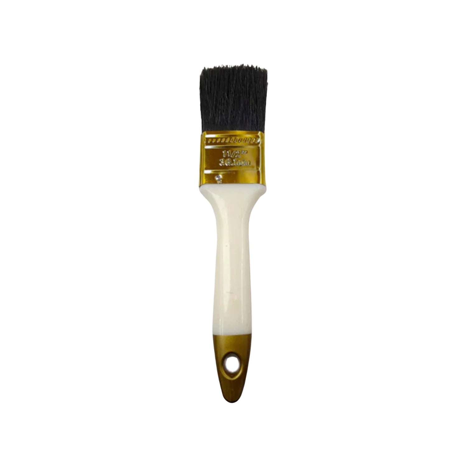 Brocha para pintura de 1 1/2 pulgadas (38mm) con cerdas negras, mango blanco y férula dorada