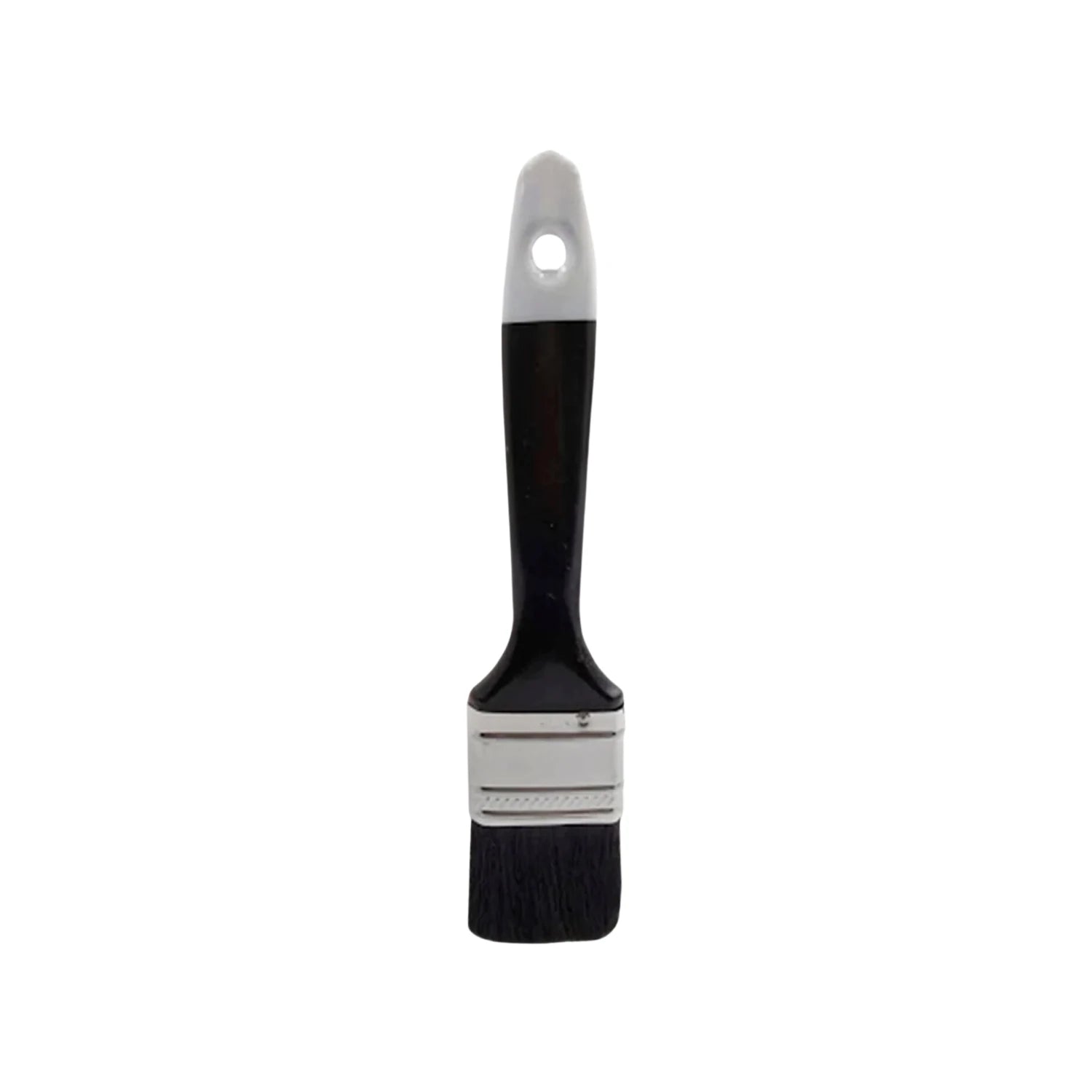 Brocha de 1 1/2 pulgadas, mango negro y blanco con orificio para colgar, cerdas negras, férula metálica, herramienta de pintura.