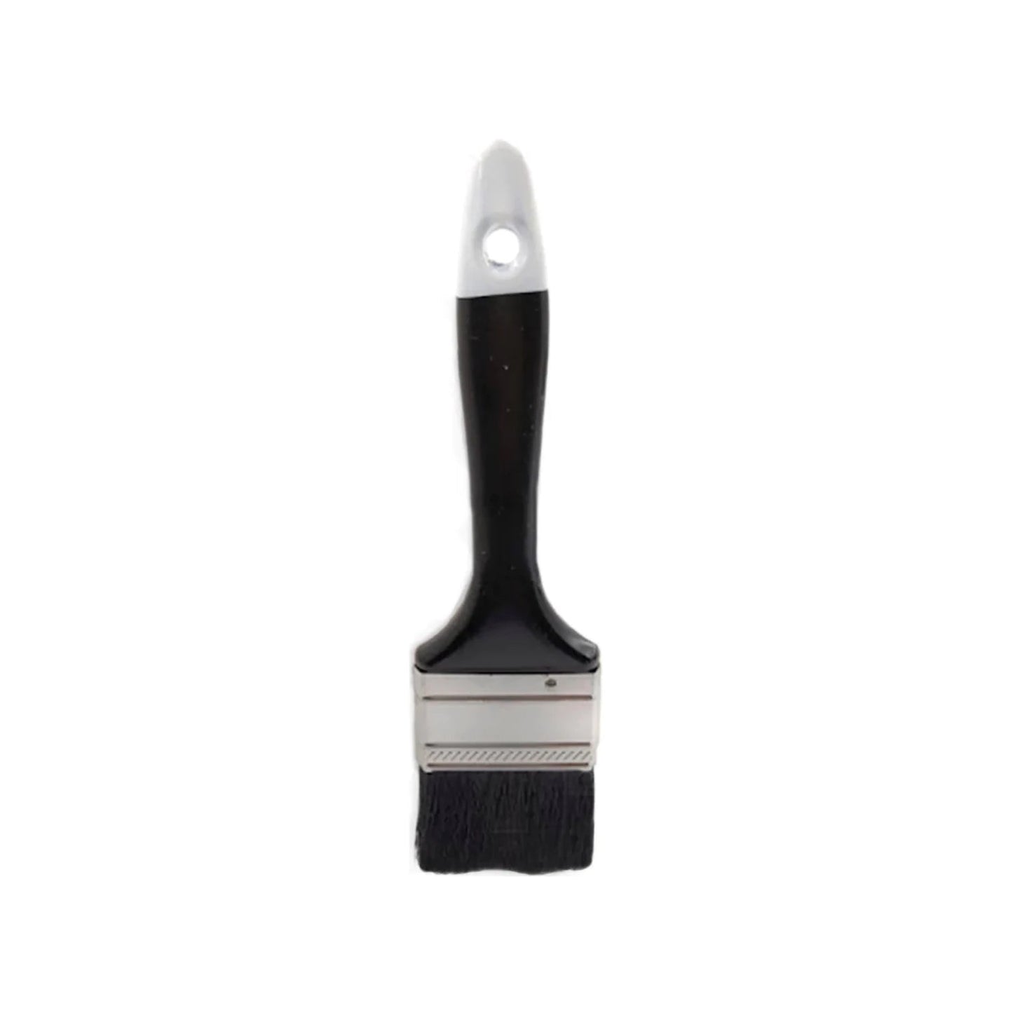 Brocha de pintar de 2 pulgadas, mango ergonómico negro con orificio, férula plateada y cerdas negras. Herramienta de ferretería.