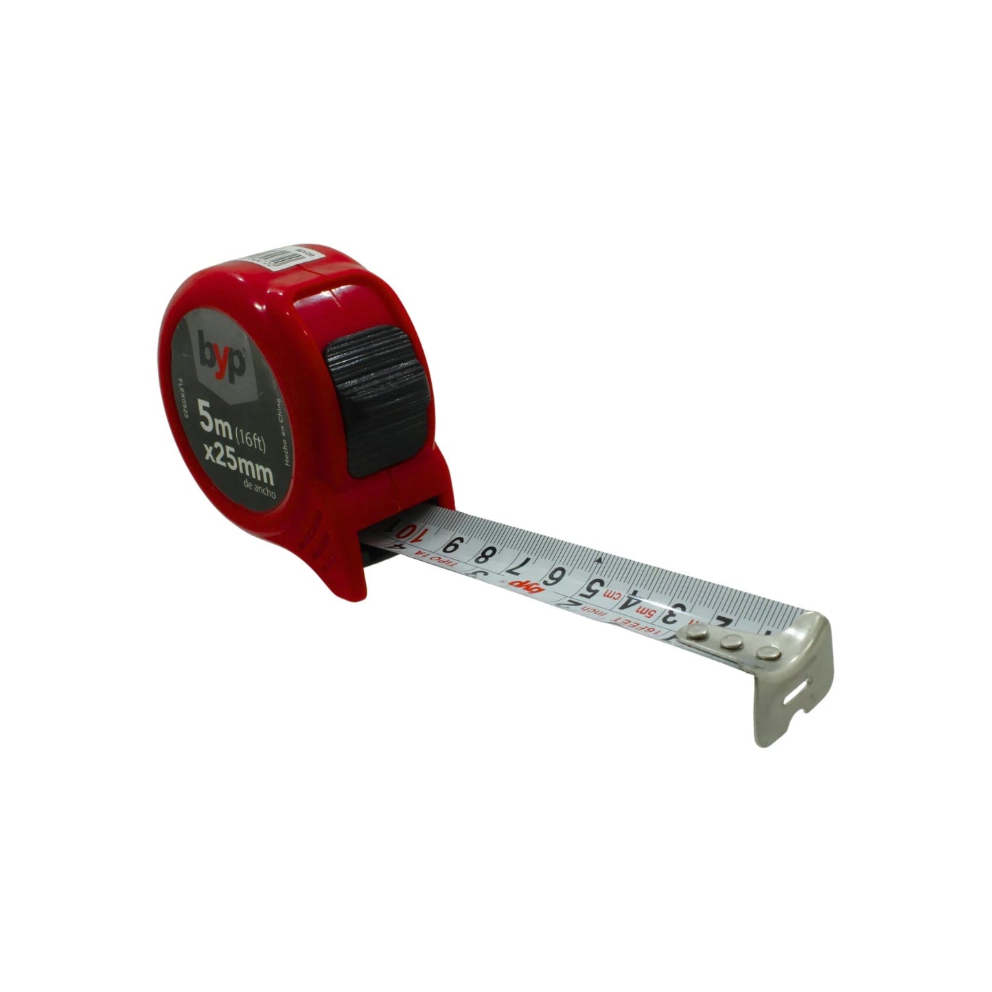 Flexómetro BYP rojo de 5m (16ft) x 25mm con cinta métrica de metal para medición en construcción.