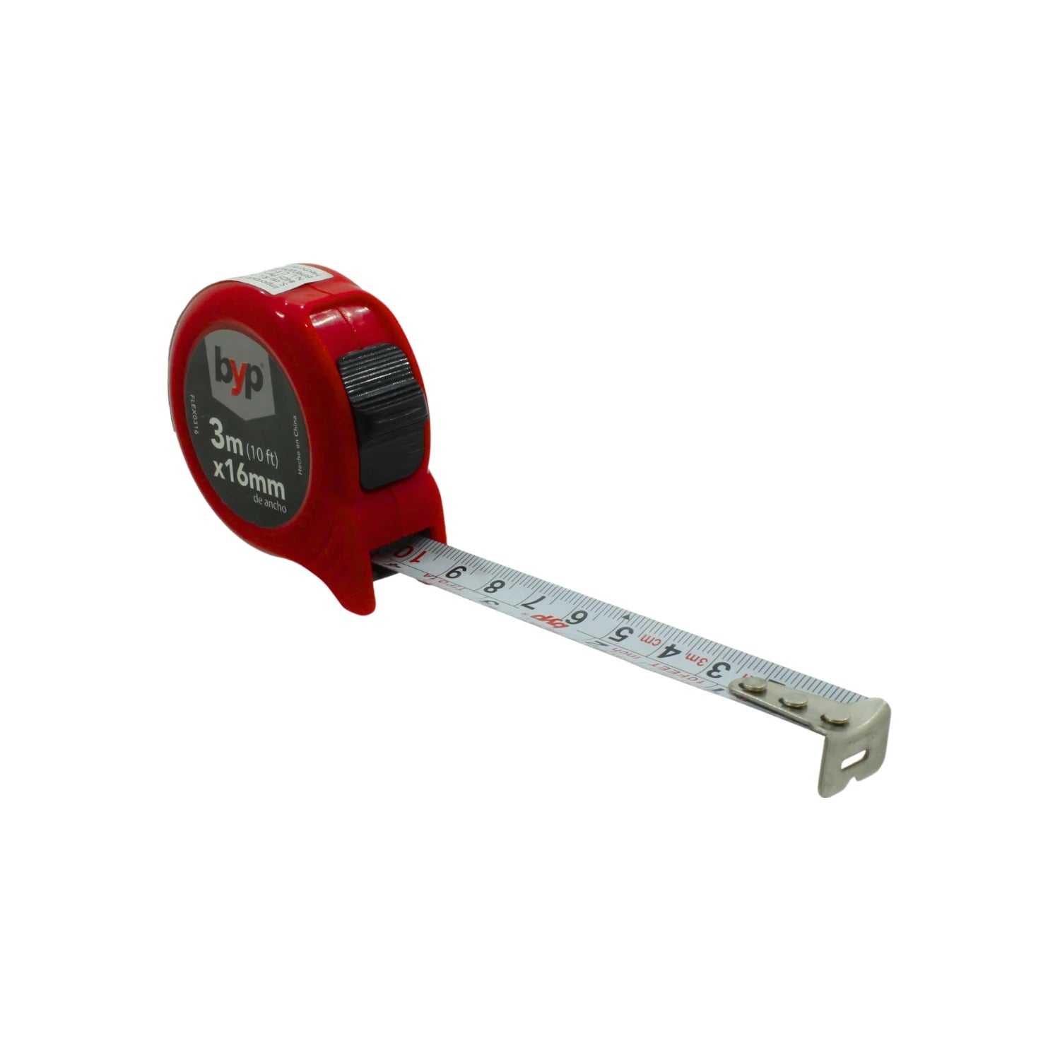 Flexómetro Byp rojo 3m (10ft) x16mm, cinta métrica extendida para mediciones precisas