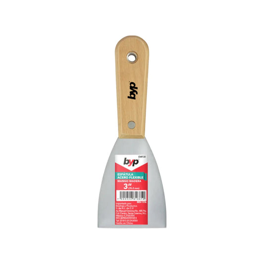 Espátula BYP 3 pulgadas de acero flexible con mango de madera para aplicar masilla y yeso.