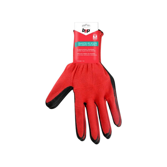 Guantes de protección Byp nylon nitrilo rojos y negros, agarre antiderrapante para ferretería.
