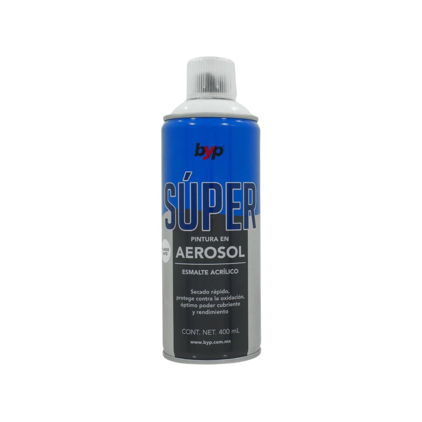Pintura en aerosol BYP Súper, esmalte acrílico blanco mate 400ml para secado rápido y protección contra oxidación.