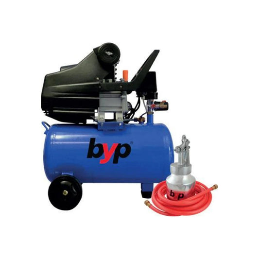 Compresora de aire portátil Byp azul con ruedas, manguera roja y pistola de pulverización.