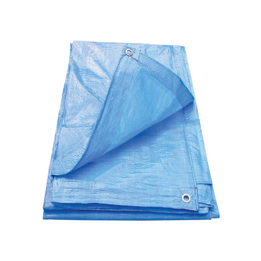 Lona azul ligera plegada con ojales metálicos, ideal para protección impermeable multiusos