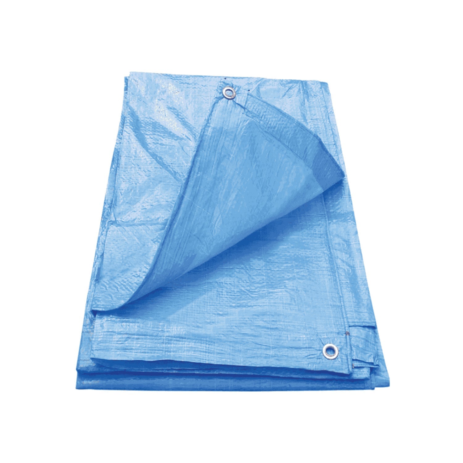 Lona azul ligera de polietileno, plegada con ojales metálicos. Impermeable para cubierta y protección.