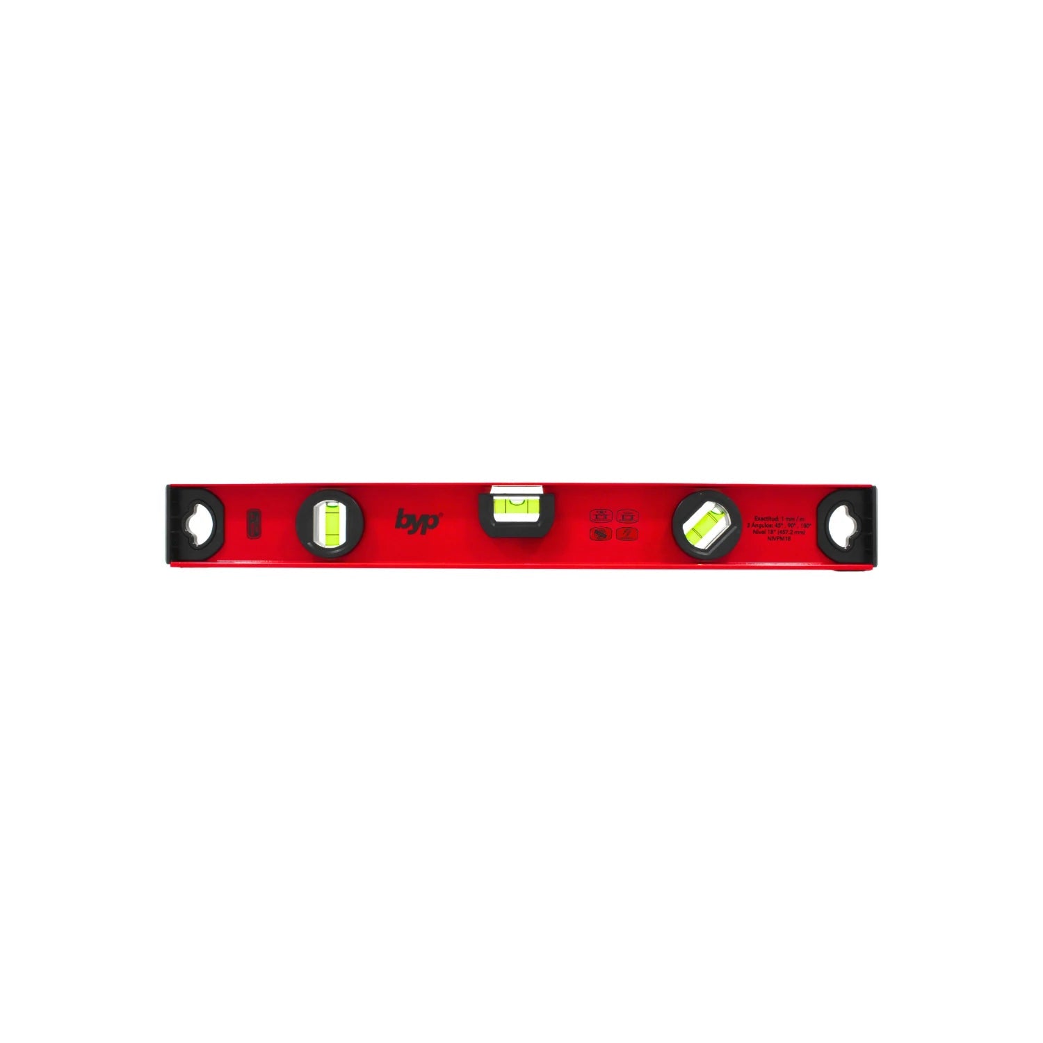 Nivel de burbuja Byp rojo de aluminio 18 pulgadas con 3 viales y precisión de 1 mm/m