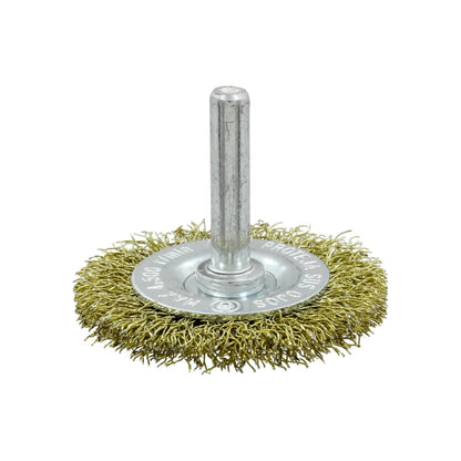 Carda circular de alambre de latón con vástago para taladro, 11500 RPM, ideal para pulir y limpiar.