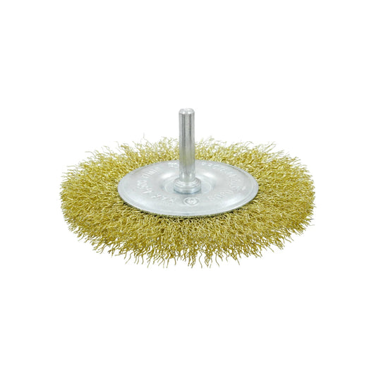 Carda circular de alambre de latón, cepillo dorado para taladro, ideal para desbaste y limpieza de superficies.