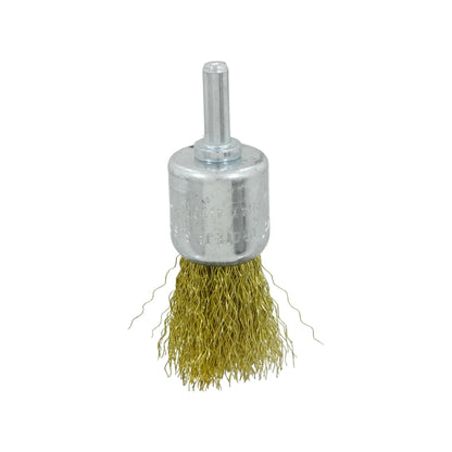 Carda circular de alambre de latón tipo copa para taladro, ideal para limpieza y desbaste de metal.