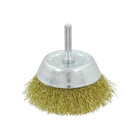 Cepillo de copa de alambre de latón con vástago para taladro, cerdas rizadas para limpieza de metal y desbaste.