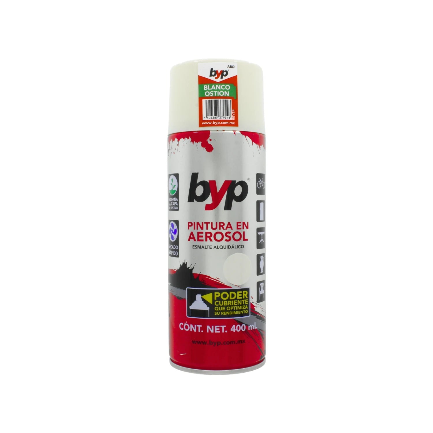 Pintura en aerosol BYP blanco ostion 400ml, esmalte alquidálico secado rápido para metal, madera y plástico.
