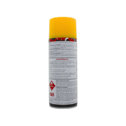 Pintura en aerosol amarilla intensa para maquinaria, metal y superficies, lata de spray con pictogramas de seguridad.