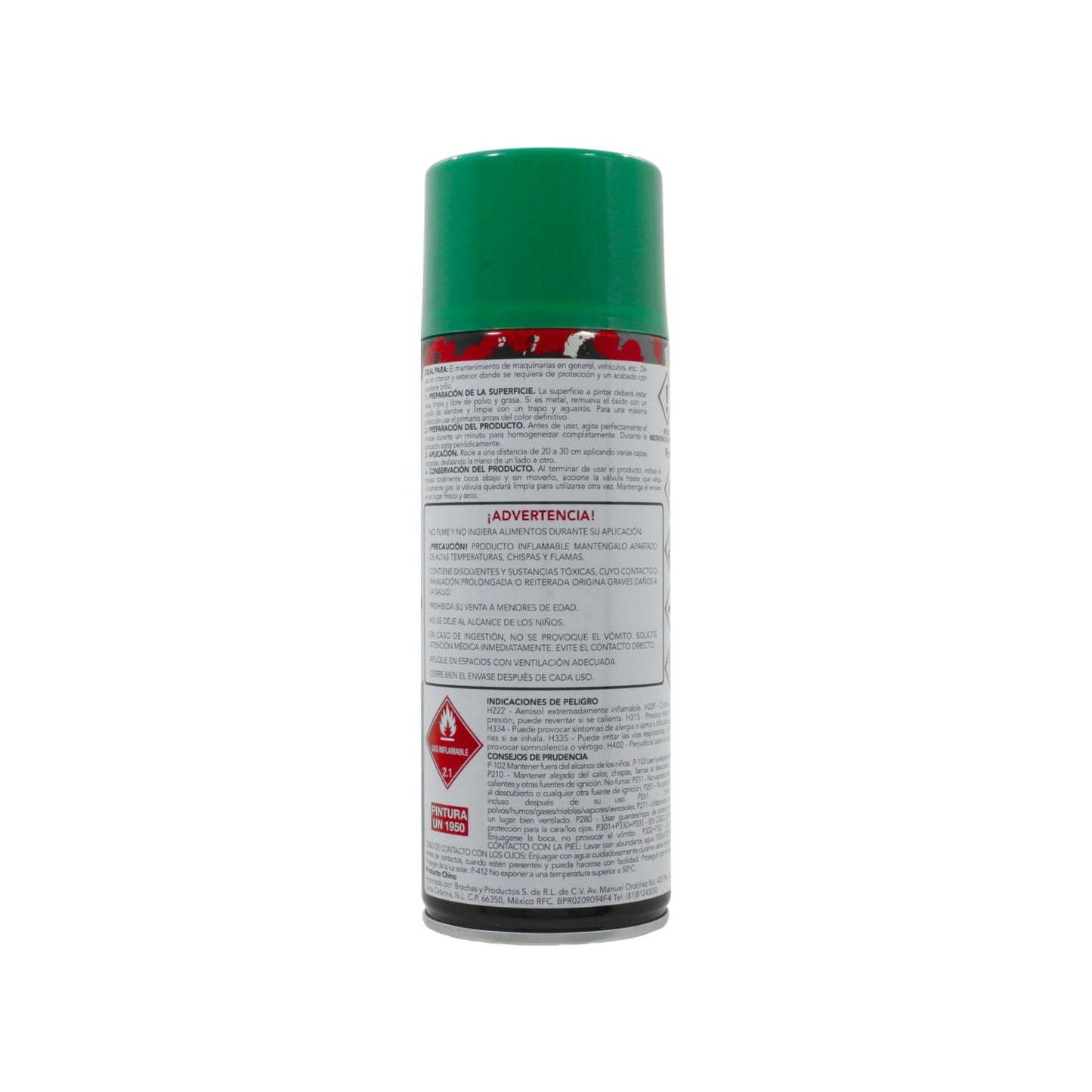 Pintura en aerosol verde para maquinaria 400ml, con etiquetas de seguridad y advertencias.