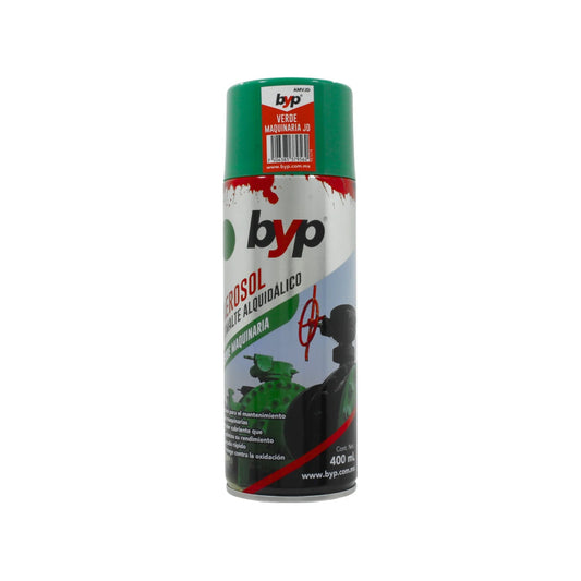 Pintura en aerosol BYP esmalte alquidálico verde maquinaria JD 400 ml para mantenimiento y protección.