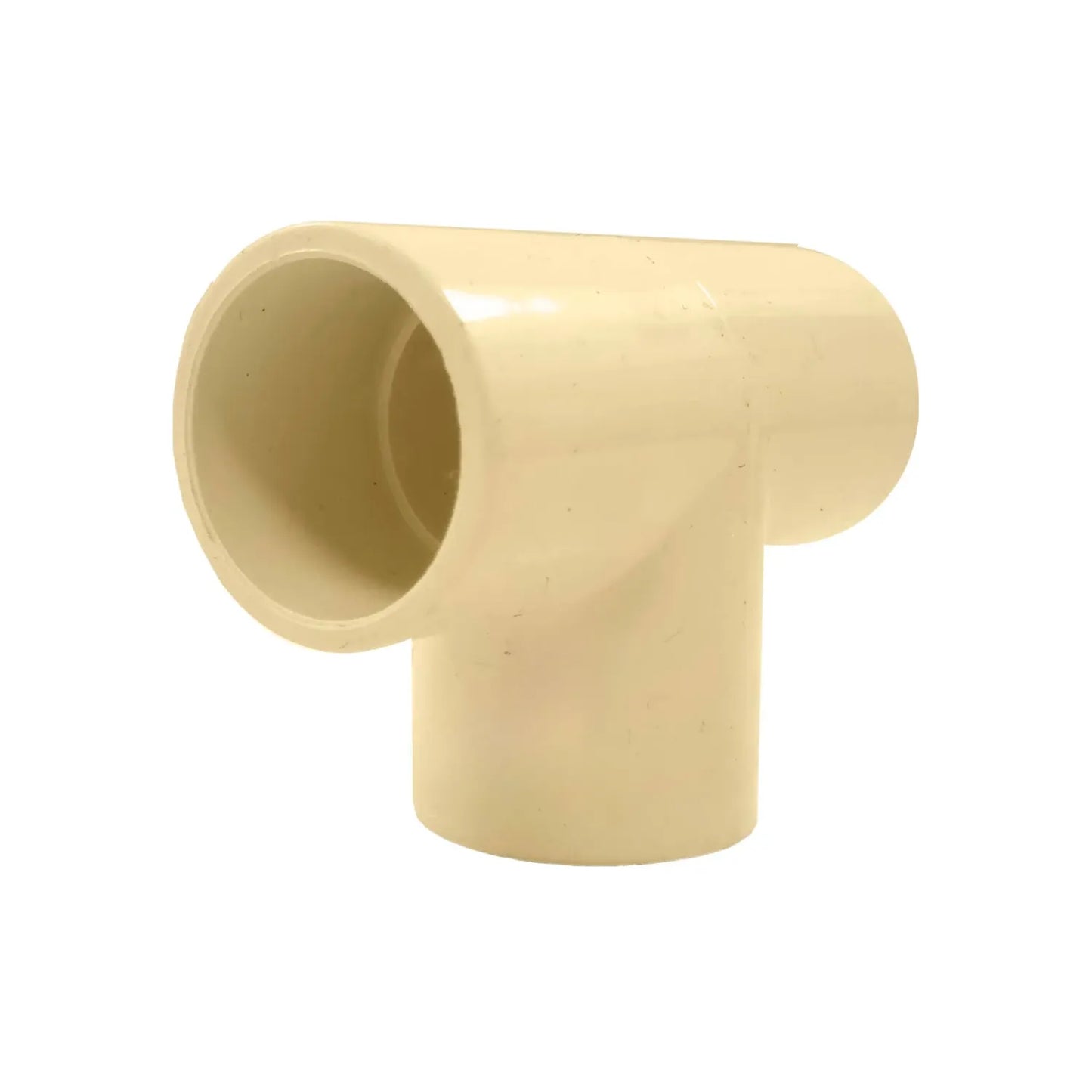 Conexión Tee CPVC 3/4" (19 mm) para sistemas de tuberías de agua caliente y fría, color beige.