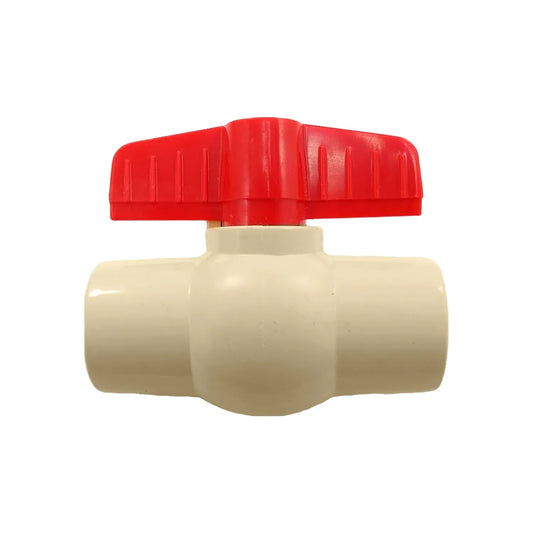 Válvula de esfera CPVC beige 1/2" (13mm) con manija roja para control de flujo en plomería