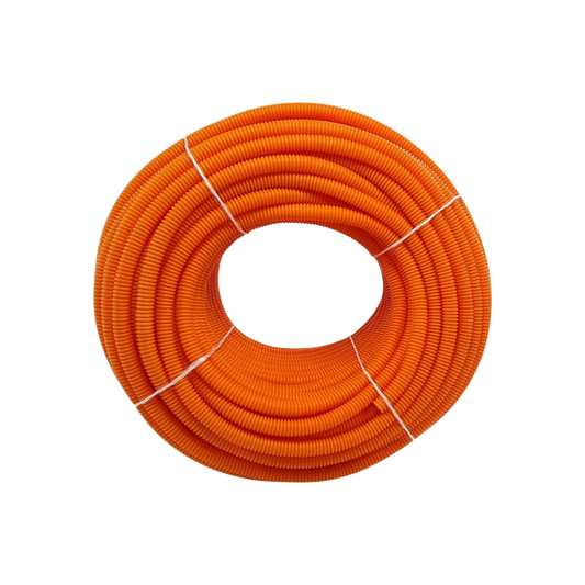 Poliducto flexible corrugado naranja 1/2 pulgada, rollo para protección de cables eléctricos e instalaciones.