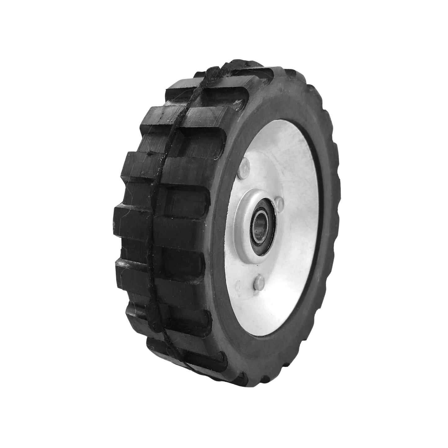 Rueda de caucho negro con banda de rodadura y centro de metal con balero para carritos utilitarios