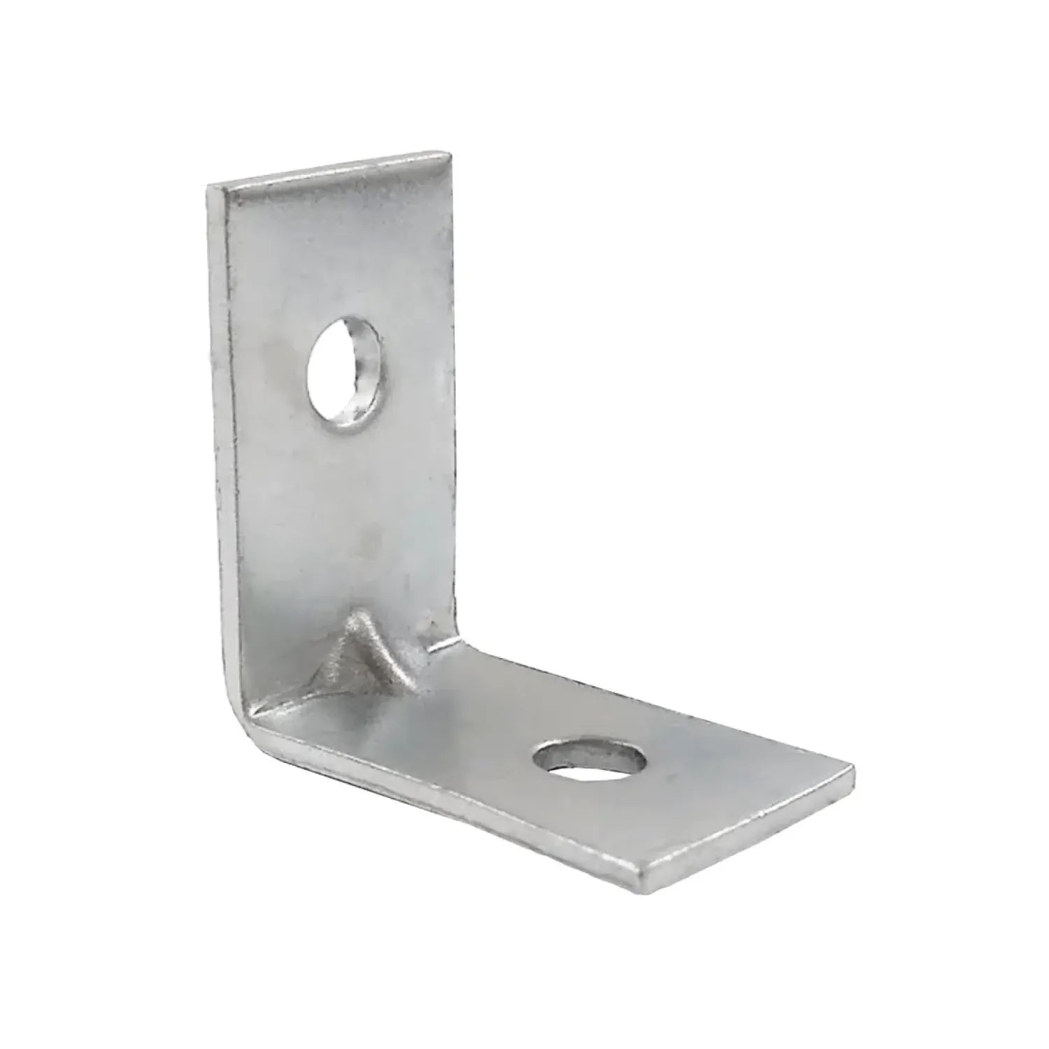 Escuadra de refuerzo metálica en L de acero galvanizado con dos orificios de montaje para unión de muebles y carpintería
