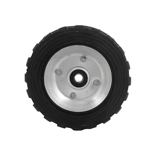 Rueda de hule negra 5 pulgadas con balero y centro metálico plateado, para carretillas y equipos de ferretería