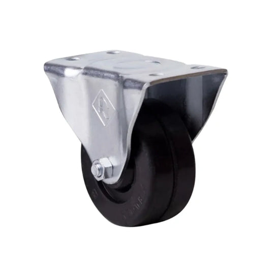 Rueda fija industrial de poliuretano color negro con placa de montaje metálica galvanizada para muebles o carga pesada