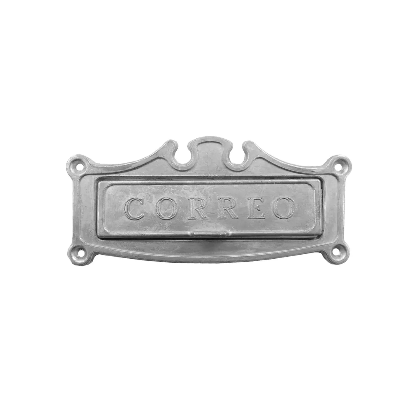 Buzón para puerta de metal color plata con diseño clásico y palabra CORREO grabada para correspondencia