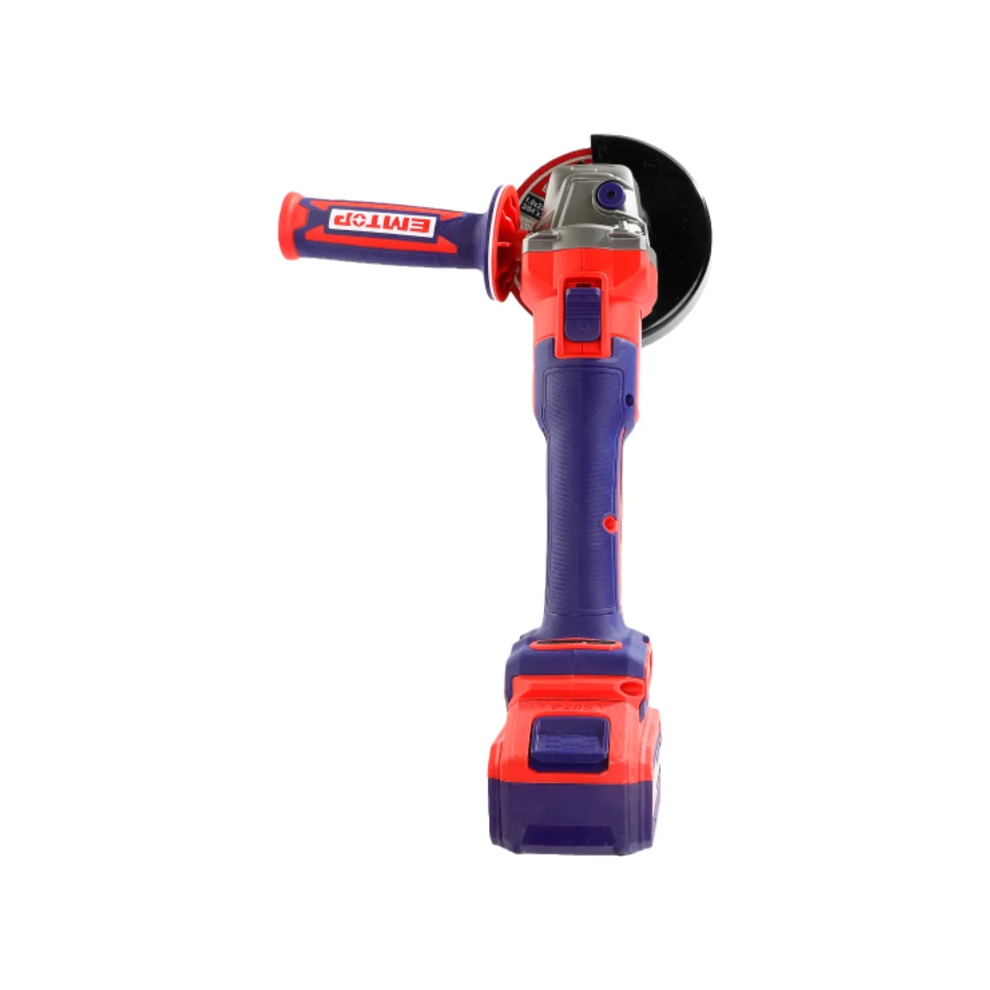 Esmeriladora angular inalámbrica EMTOP azul y roja con batería de litio, disco y mango auxiliar ergonómico.