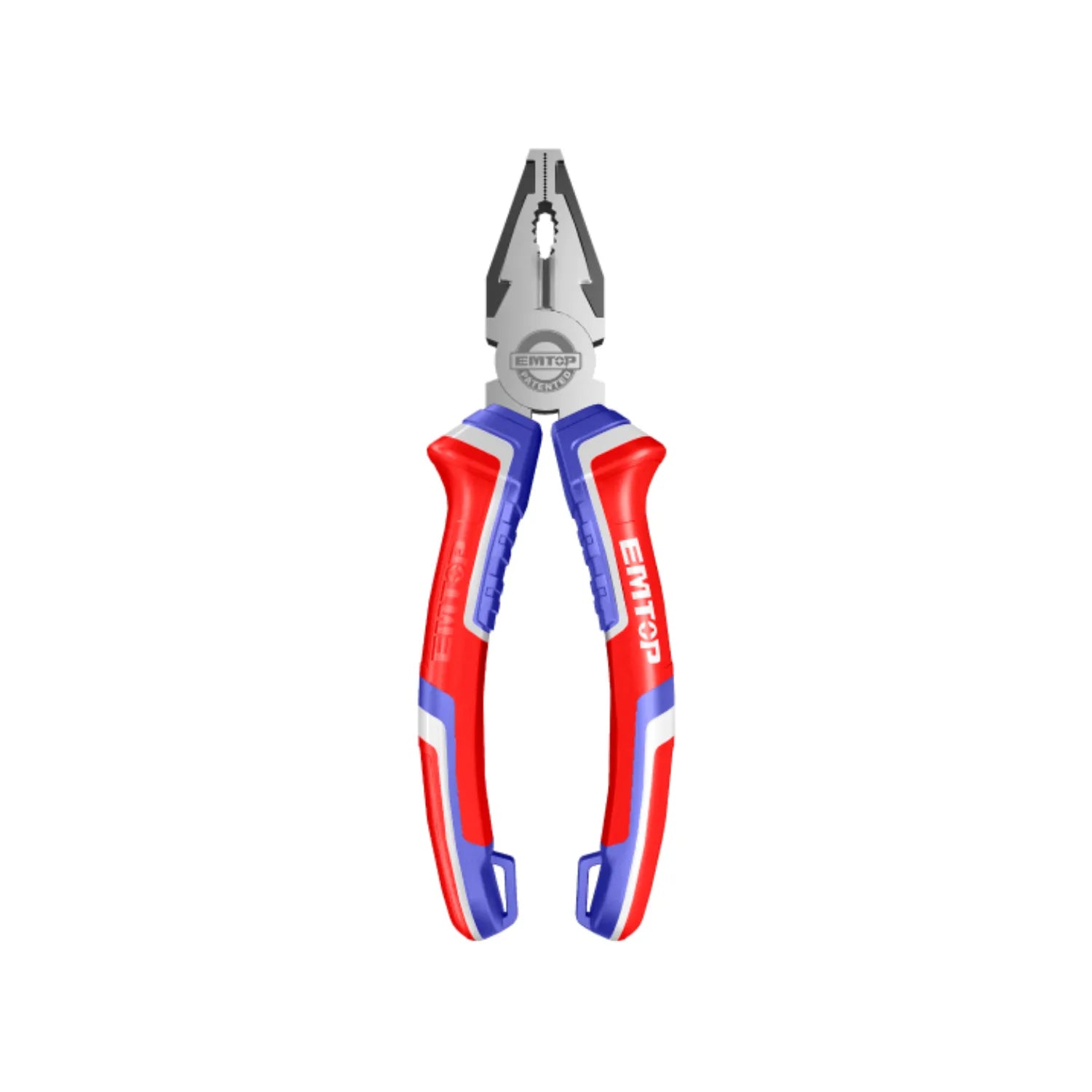 Alicates universales EMTOP de electricista con mangos bimaterial ergonómicos rojos, azules y blancos