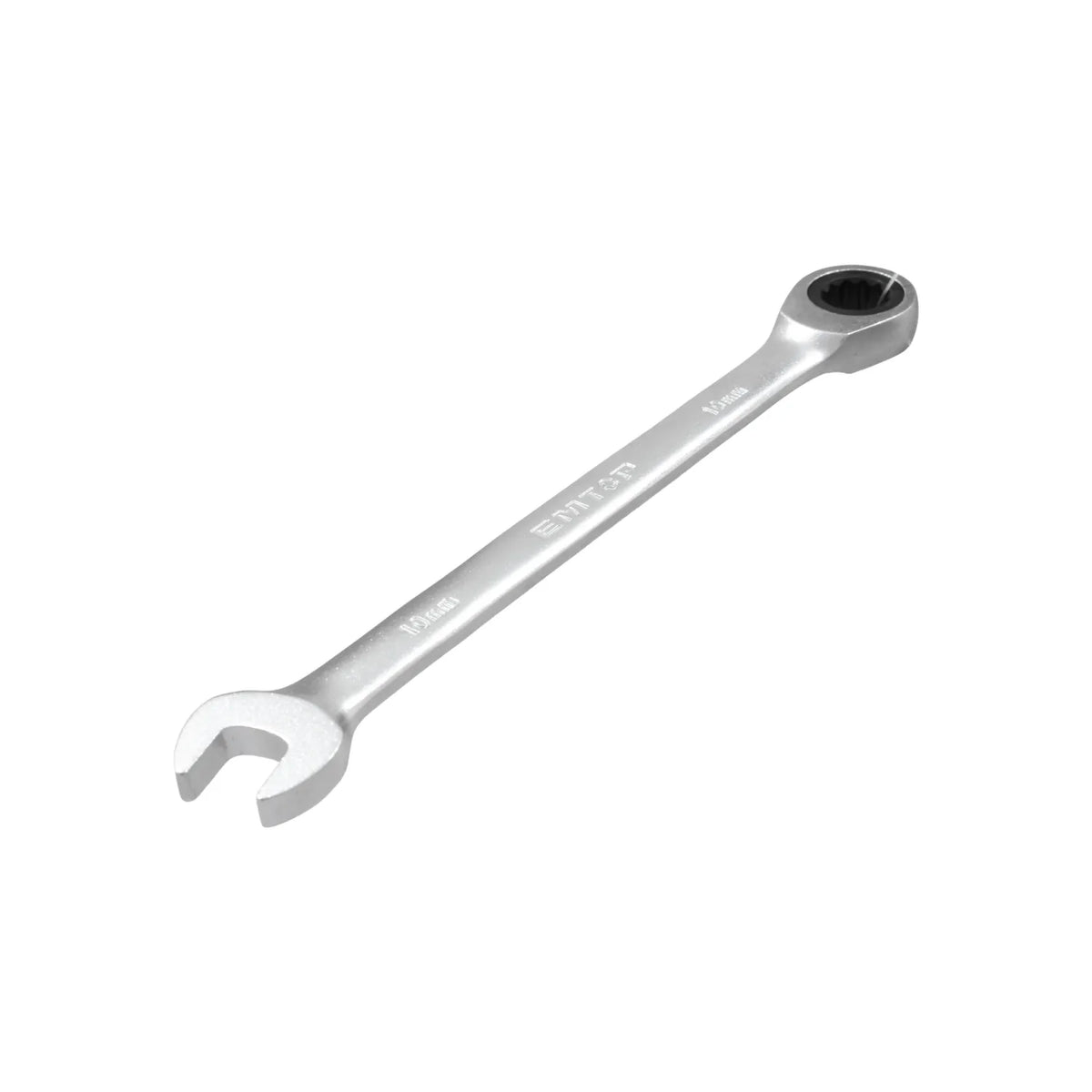 Llave combinada de trinquete EMTDP 10mm, boca fija y anillo de engranaje, acabado cromado.