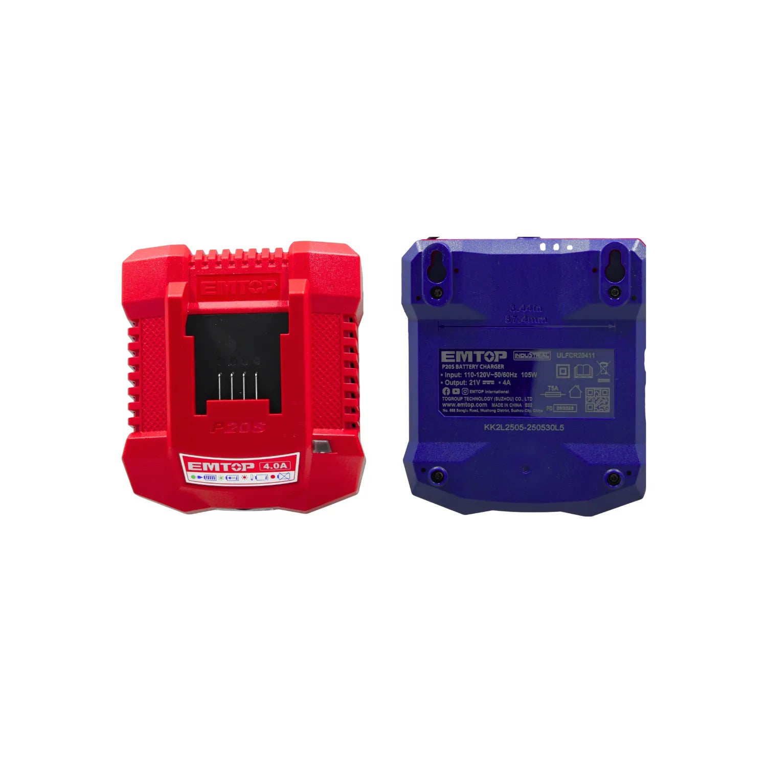 Cargador rápido EMTOP P20S para baterías de 21V 4.0A industrial rojo y azul.