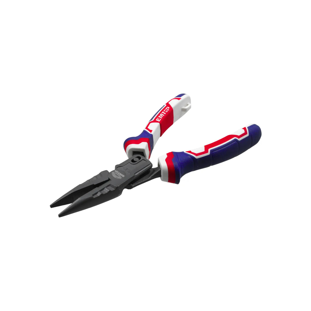 Alicate de punta larga profesional EMTOP con mango ergonómico tricolor para trabajos de precisión y electricidad.
