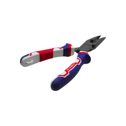 Alicate universal EMTOP con mango ergonómico antideslizante tricolor azul rojo y blanco para uso profesional