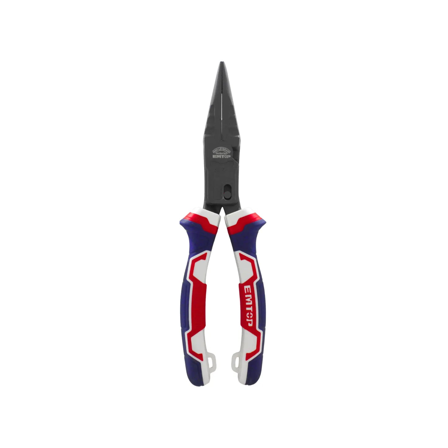 Alicate de punta larga EMTOP high leverage con mango ergonómico tricolor para sujeción y corte de precisión.