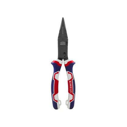 Alicate de punta larga EMTOP high leverage con mango ergonómico tricolor para sujeción y corte de precisión.