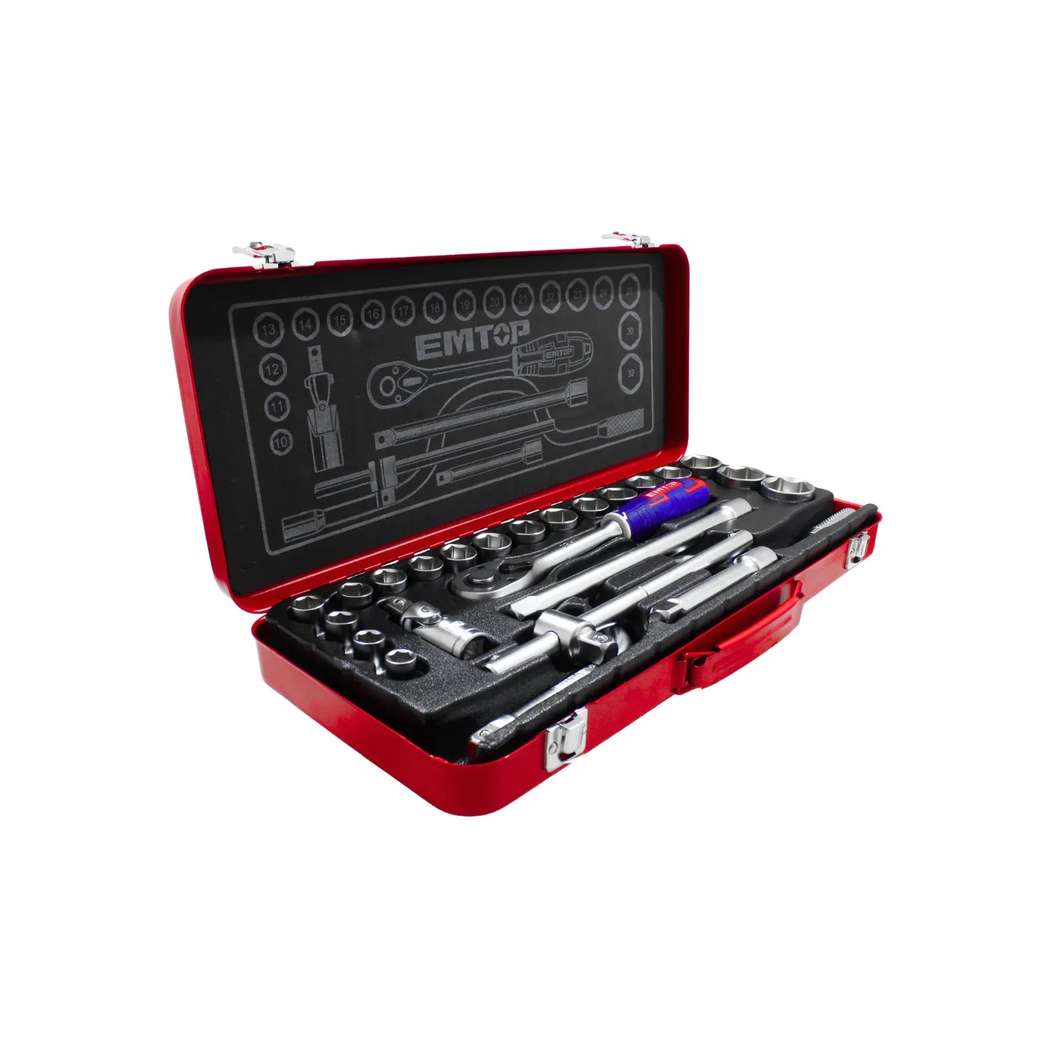 Juego de copas métricas EMTOP con matraca y accesorios en maletín metálico rojo profesional.
