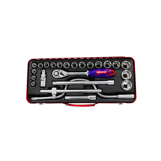 Juego de copas y rachet EMTOP profesional en estuche rojo con extensiones para mecánica automotriz