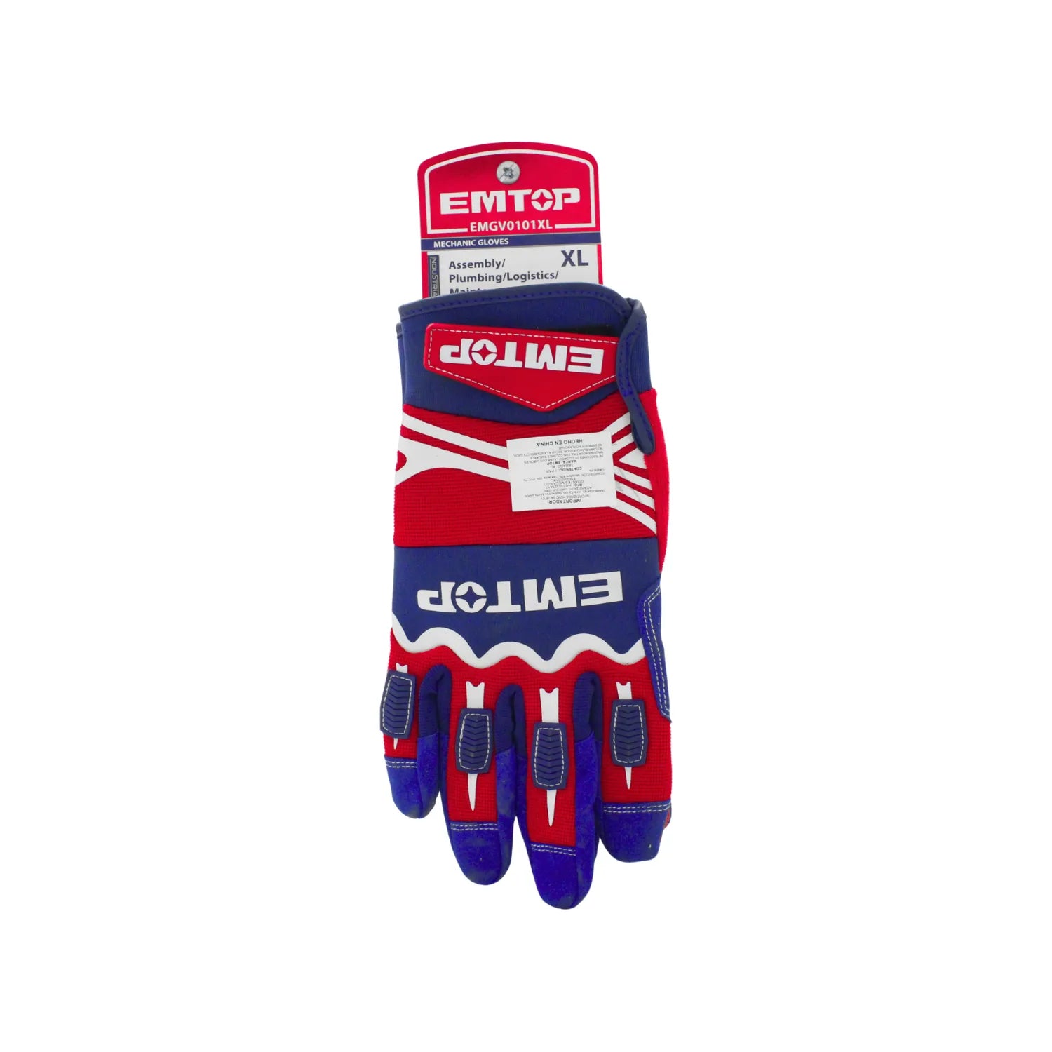Guantes de mecánico EMTOP talla XL color azul y rojo con refuerzos antimpacto para ensamble y logística.
